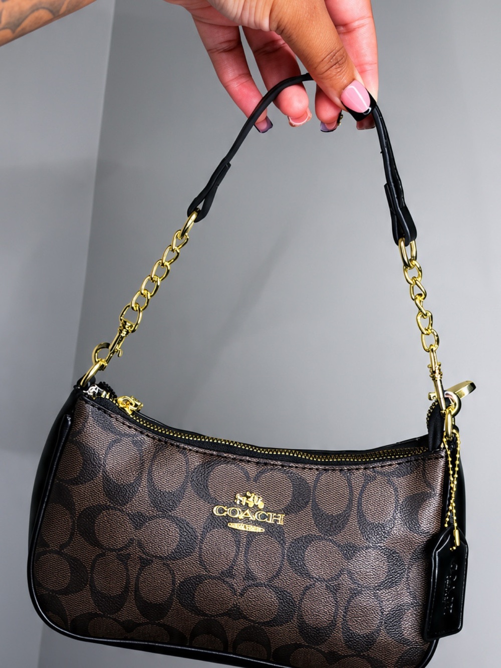 Coach Brown Signature Mini Shoulder Bag with Black Trim and Gold Hardware